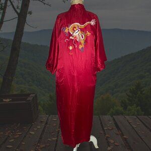 One Size Vintage Red Satin Dragon Embroidered Kimono Robe Wide Sleeve Loungewear
